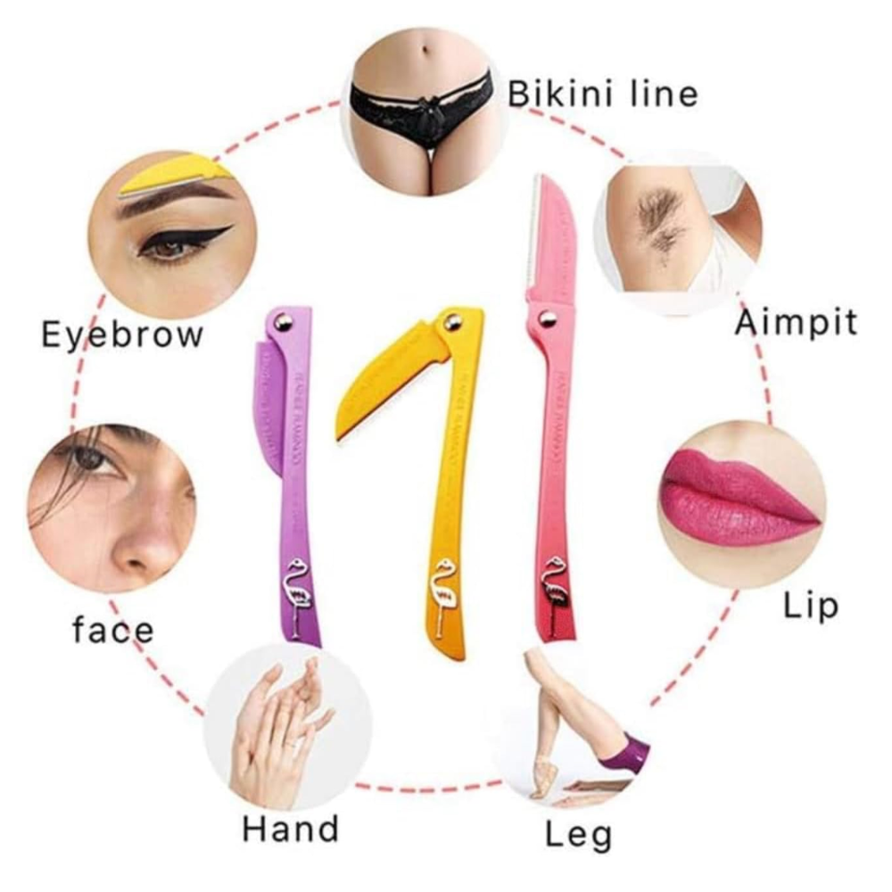 Blooming Flamingos Ladies Razor 3-Piece Set – Facial & Body Hair Shaver with Safety Guard (Multicolor: Yellow, Pink, Purple)