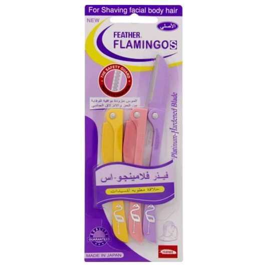 Blooming Flamingos Ladies Razor 3-Piece Set – Facial & Body Hair Shaver with Safety Guard (Multicolor: Yellow, Pink, Purple)