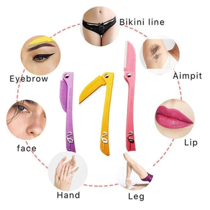Blooming Flamingos Ladies Razor 3-Piece Set – Facial & Body Hair Shaver with Safety Guard (Multicolor: Yellow, Pink, Purple)